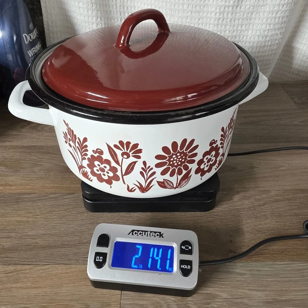 Vintage Floral Enamelware Stock Pot White Brown 24cm Retro Dutch Oven with Lid